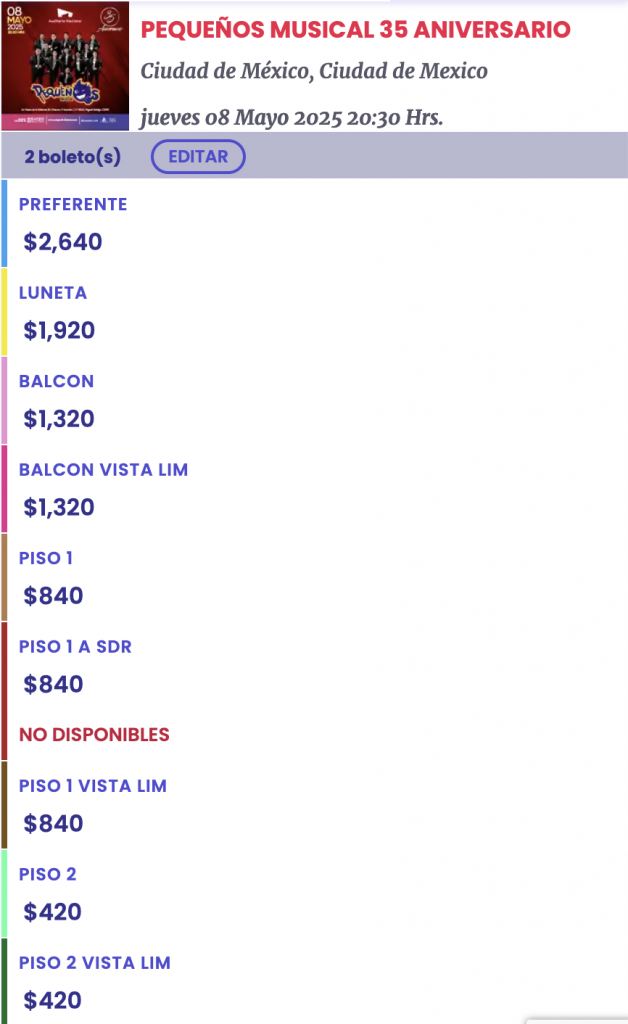 Precios boletos Banda Pequeños Musical Auditorio Nacional